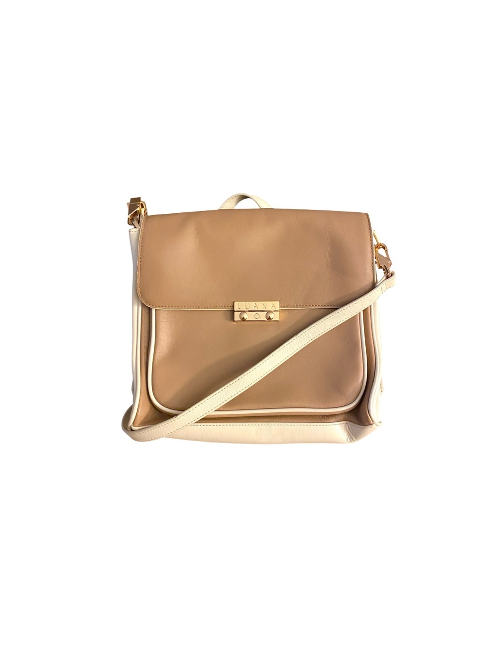 LUANA Italy Beige White Leather Crossbody Bag Gold Push Lock Satchel
